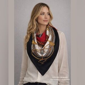 Luxury Equestrian Silk Feel Scarf Ivory Red Gold Chain Bit Print